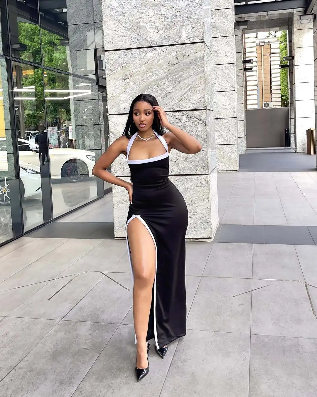 Y6063 レディース ホルターネック 長袖 ハイサイドスリット ボディコン ミディ丈 マキシ丈 ロングドレス 2025 誕生日 休暇 セクシー パーティー ドレス