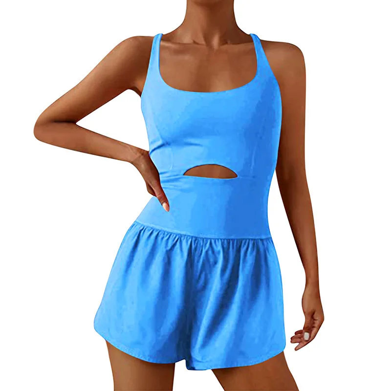 Solid Elastic High Waist Women's Romper Sleeveless Female Yoga Sports Jumpsuit Shorts Hollow Casual Sportswear