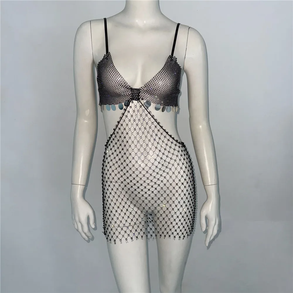 Sexy Aushöhlen Sheer Mesh Frauen Kleid Glänzenden Strass Backless Tiefem V-ausschnitt Sling Mini Kleid Rave Nachtclub Party Kleider