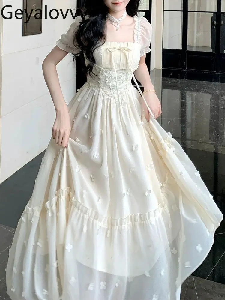 

Summer New Temperament Beautiful Niche Waist Slimming Long Dress French High Princess Square Collar Bubble Short Sleeve Dresses