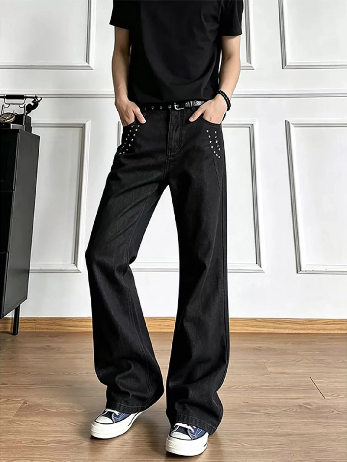 Cleanfit Rivet Slim Fit American High Street Straight Leg Jeans Youth Popular mid Waist Zipper Closure Pure Color Autumn Jeans