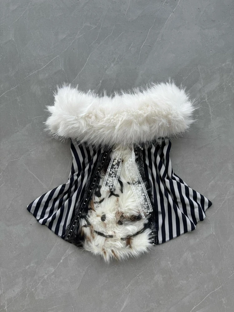 

American Gothic Fur Trim Spice Girl Cami Top New Vintage Lace Patchwork Stripe Strap Tops Slim Sexy Retro Streetwear Clothing