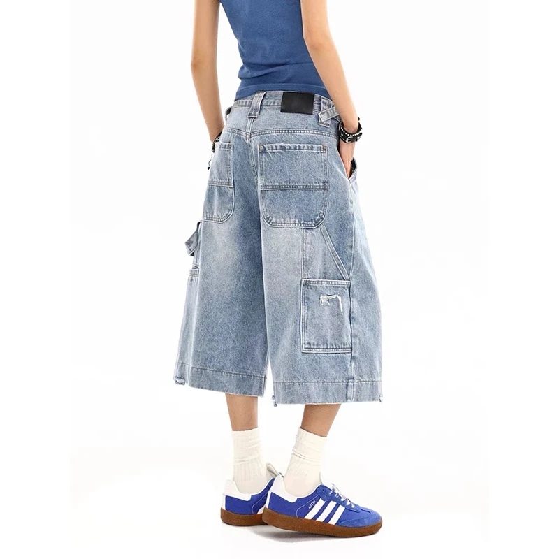 

ZHIZOU American Vintage Y2k 90s Blue Cargo Pants Women Harajuku Oversized Baggy Summer Short Trousers Streetwear Korean Fashion