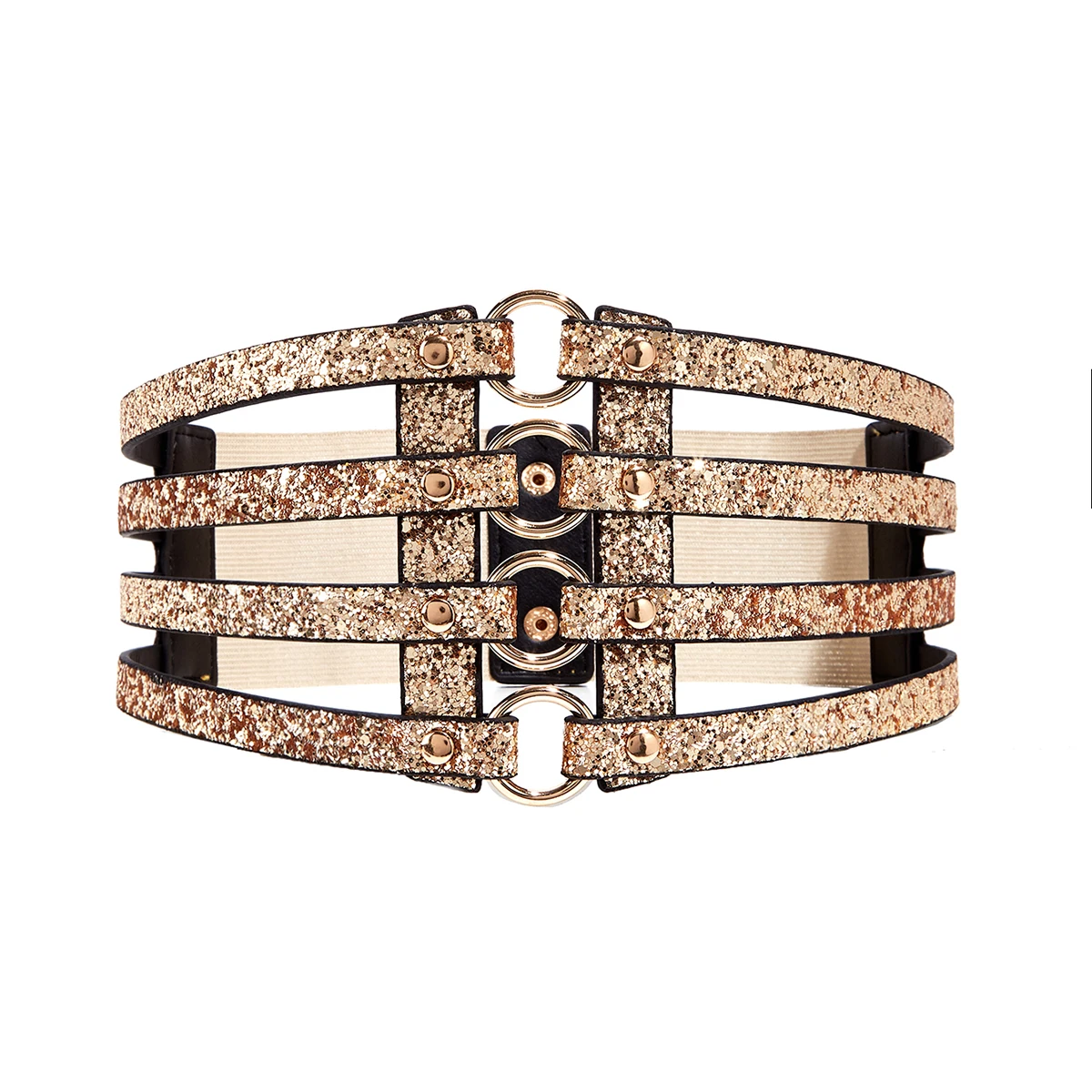 Women's golden stretch belt stylish look with dress party waist cover 4 row loop buckle decorative hollow belt - view 5
