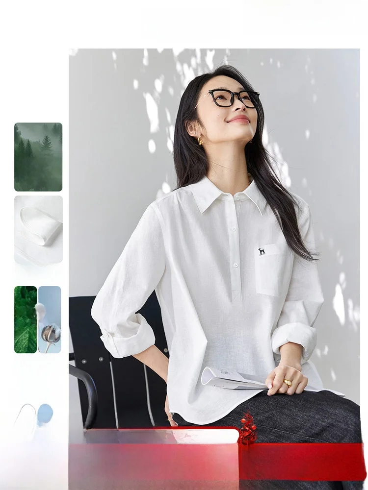 

Ele Long Sve Embroidered irt Women's Loose Sle Commute Faion Cotton Blend Fabric Button Detailing Mid-Length