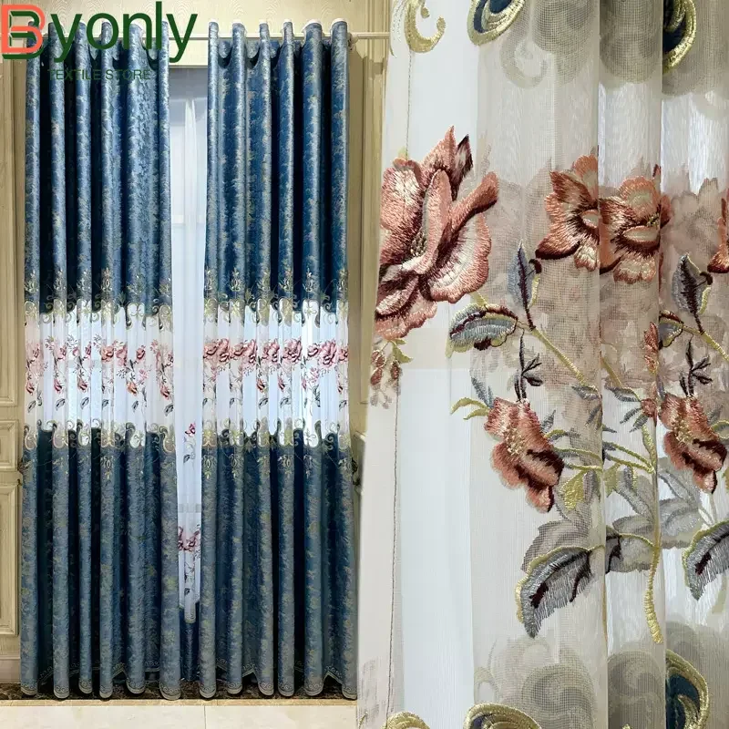 

Customized Blue Hollowed Out Embroidery Window Screen Gilded Flannelette Curtains for Living Room Balcony Bedroom French Window