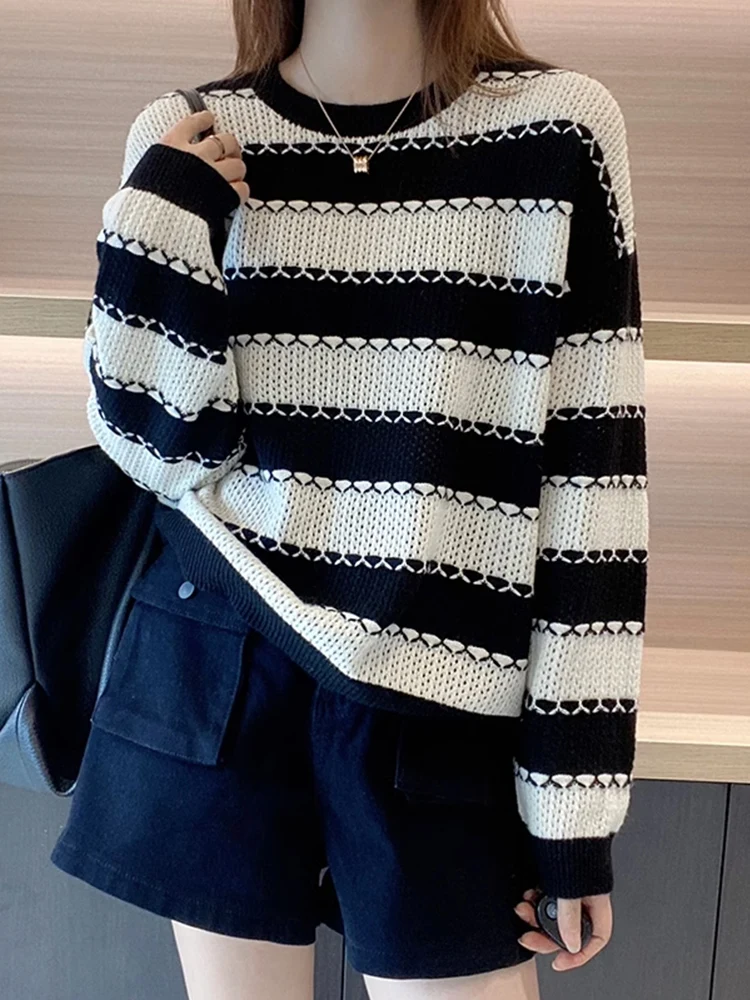 

Длинный шерстяной вязаный свитер для похудения, круглый Ne, верхняя основа, корейский Sle, модная полосатая цветная блузка для поездок на работу