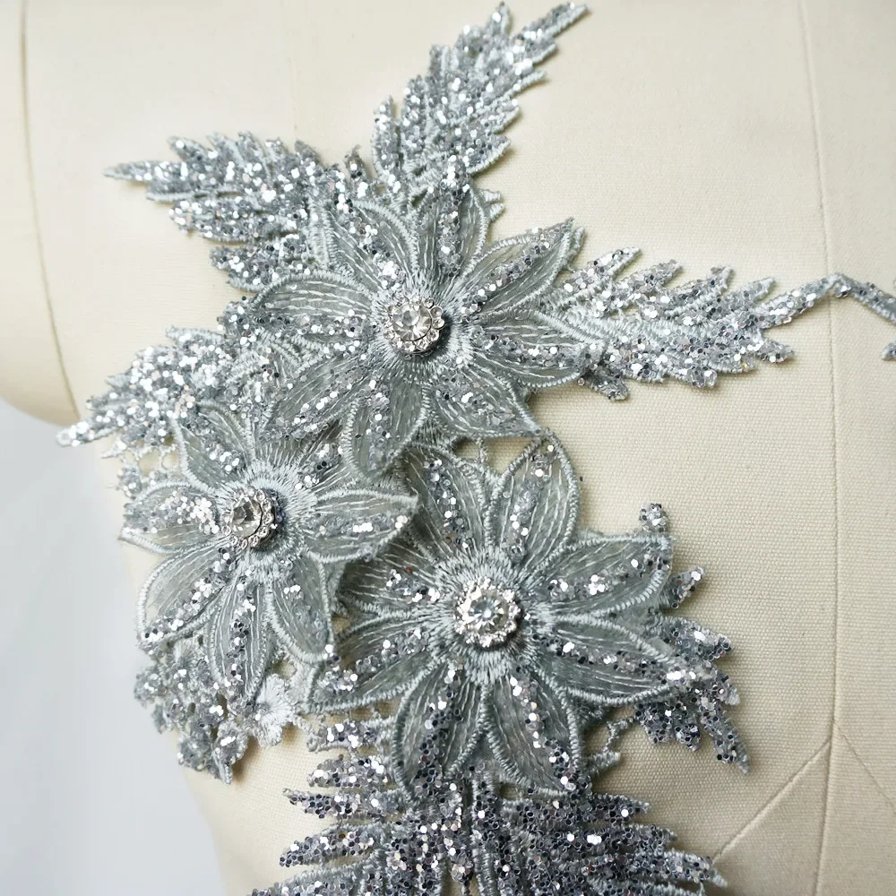 2Pcs Rhinestones Silver Sequin Embroidered Lace Applique Sewing Flower Fabric Patch Wedding Gown Bridal Dress Clothes DIY Crafts