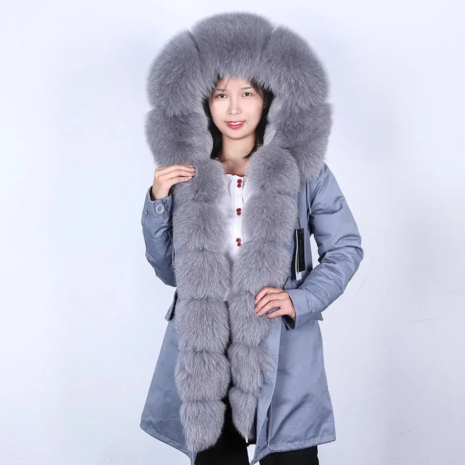 MMK moda abrigo de invierno cálido abrigo de piel auténtica para mujer cuello de piel de zorro real natural abrigo parka largo suelto abrigo de piel desmontable