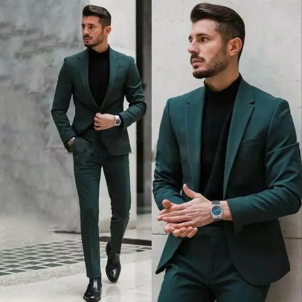 Chic Solid Men Suits 2 Piece Formal Notch Lapel Single Button Outfits Smart Casual Office Wedding Tuxedo (Blazer+Trousers)