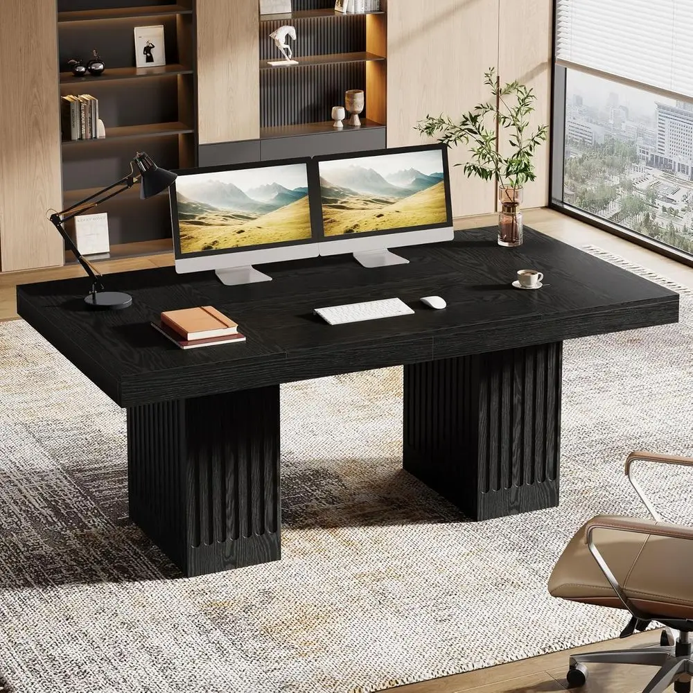 

63 Double Pedestal Executive Desk, Spacious Office Computer Desk in Black for Study and Business