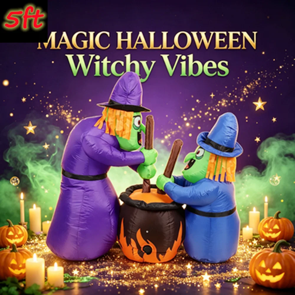 5FT Halloween Inflatable 2 Witch/Wizard Models with Built-in LED Lights for Outdoor/Indoor Garden Lawn Party Terror Decorations