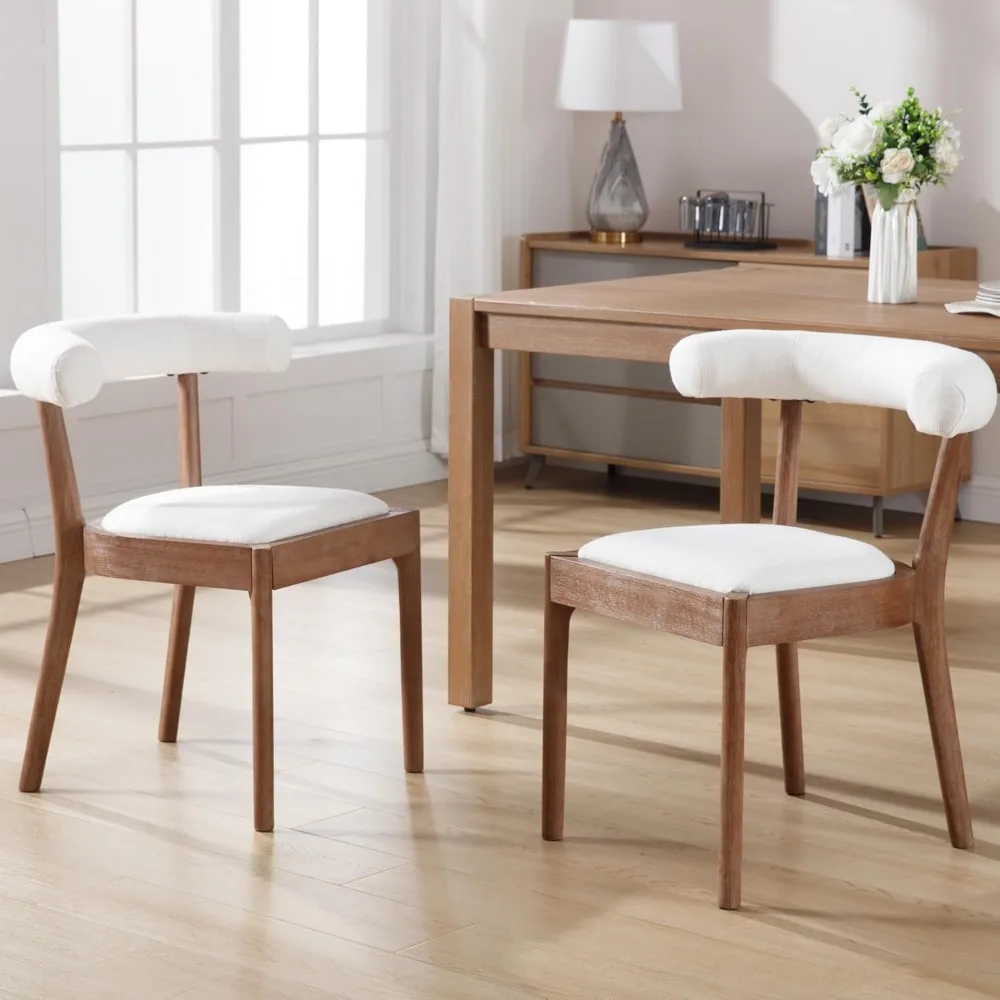 Mid-Century Modern Fabric Dining Chairs with Natural Walnut Frame and Linen Curved Back, Set of 2