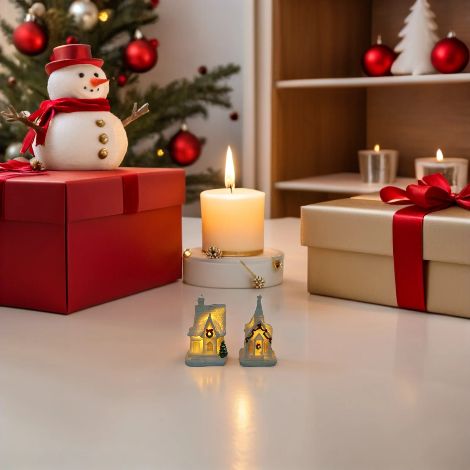 

4pcs Mini Christmas Village Houses Resin Lighted Decor For Tabletop Xmas Micro Landscape Fairy Garden Bonsai Terrarium