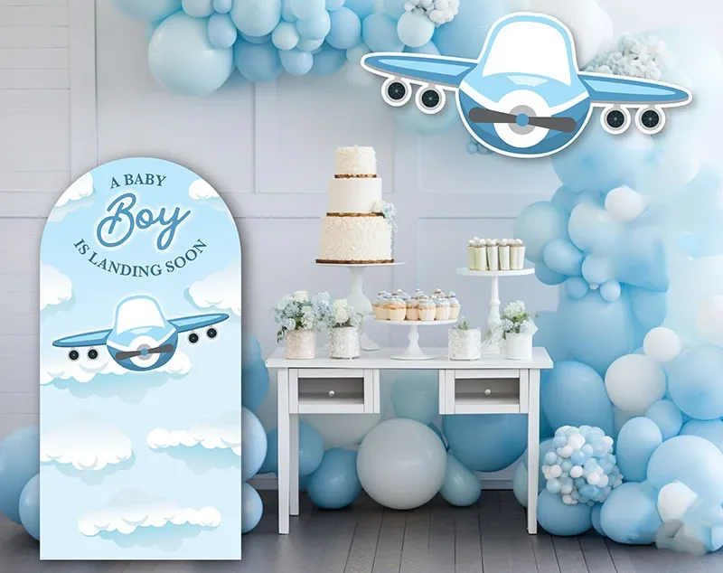 Mehofond Custom 2-Sided Plane Arriving Soon Airplane Boy Birthday Party Baby Shower Cover Chiara Arch Decor Backdrop Photo Studi