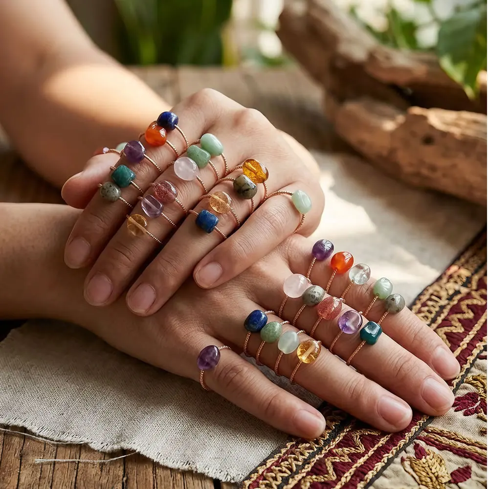 Natural Stone Rings for Women Gold Color Irregular Nuggets Ore Gravels Stone Charm Citrines Roses Quartz Purple Crystal Rings