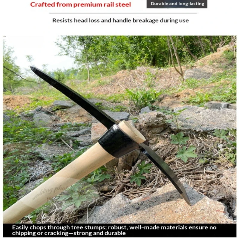 Manganese Steel Wood-Handled Pickaxe for Bamboo Shoots Land Clearing Tree Stump Removal - Durable Hand Tool for Gardening