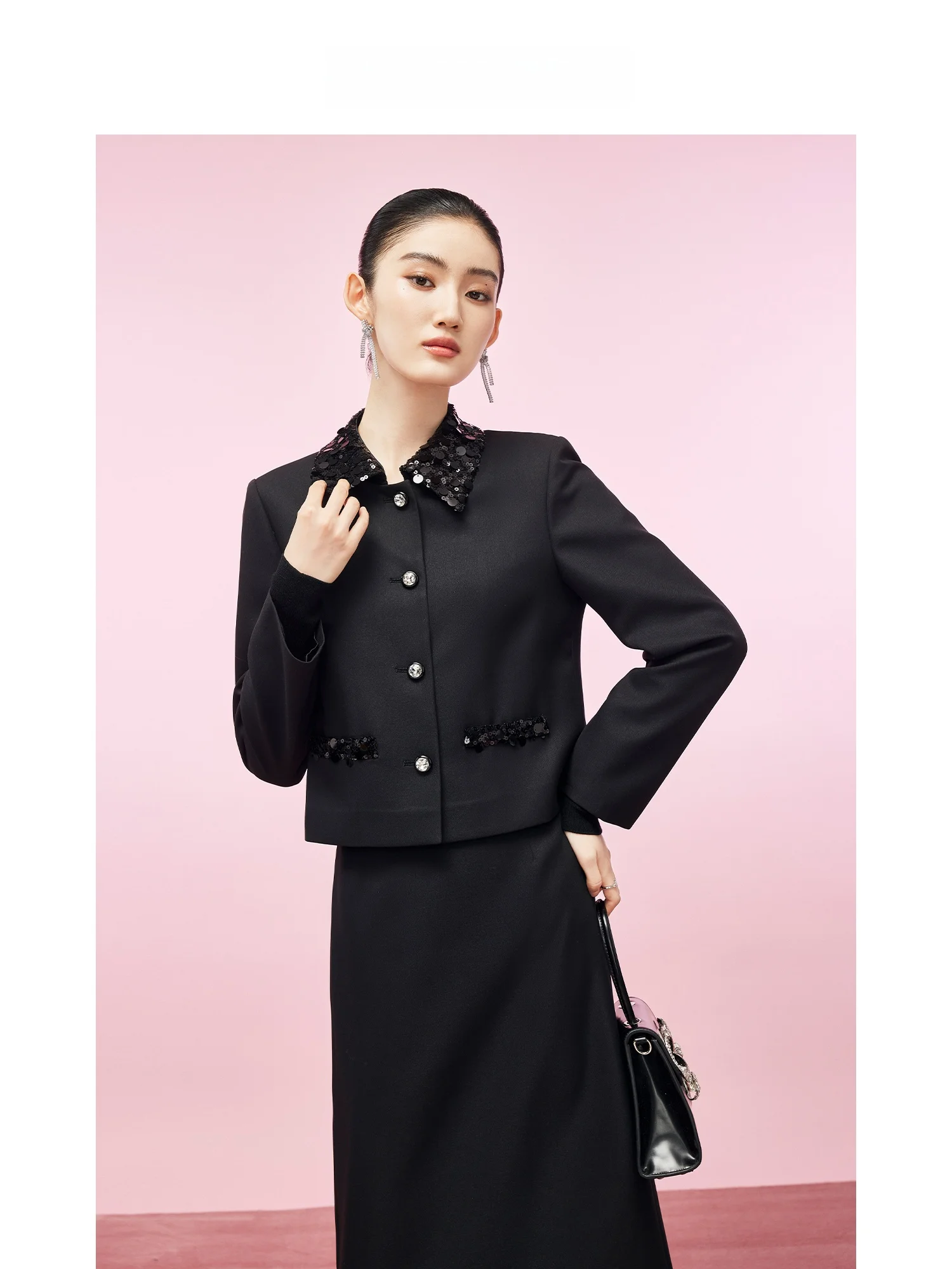 MandyZhang Elegant Sequin Patchwork Short Jacket Women's Autumn Winter Fashion Design Slimming Straight Cut Long Sleeve Top