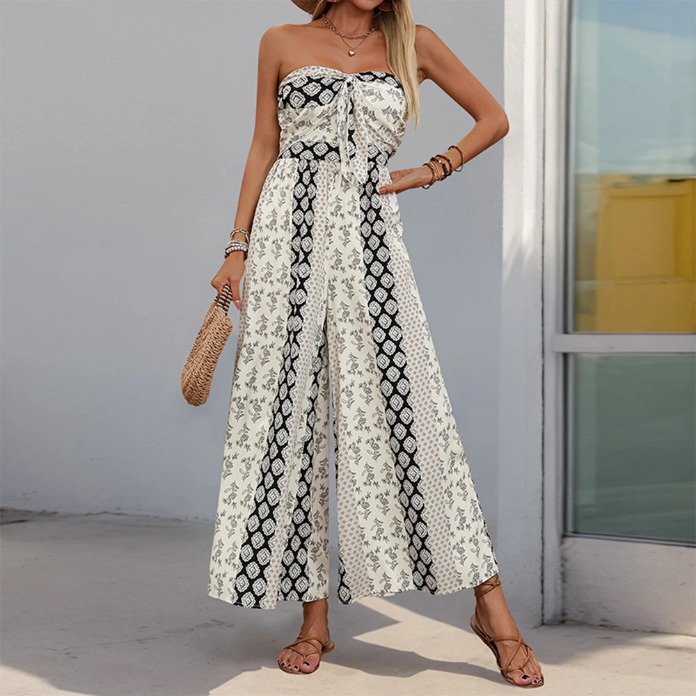 Retro Black White Print Strapless Tie Front Elastic Back Jumpsuit Women High Waist Wide Leg Summer Beach Boho Playsuit