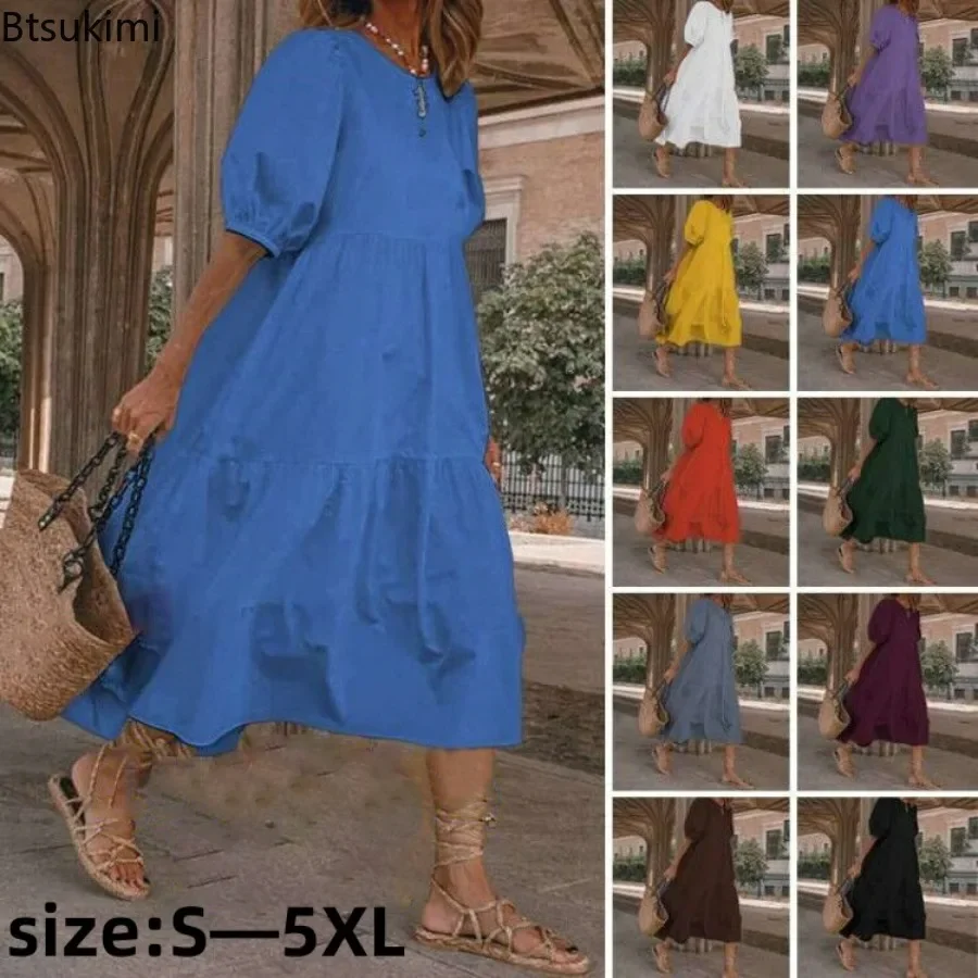 

2024 Women's Summer Casual Dress Vintage Lantern Sleeve Mid-Calf Dress Beach Bohemian Ladies' Sundress Vestido Oversized Robe