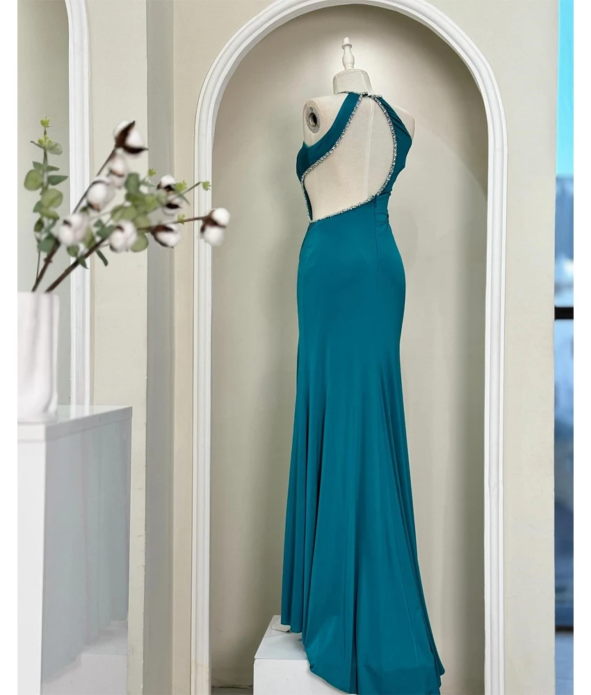 Maßgeschneidertes sexy Jersey-Meerjungfrau-Kristall-Abendkleid, Temperament, ärmellos, Neckholder, bodenlang, Promi-Kleider nach Maß