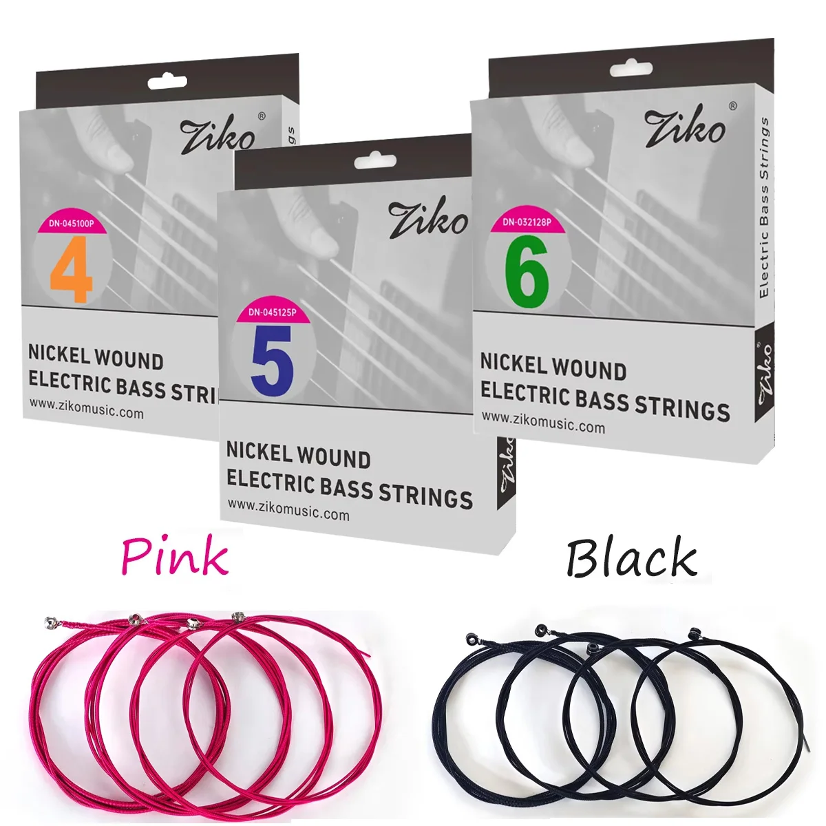 ZIKO Hexagonal Alloy Carbon Steel Wire Bass Guitar Strings 4/5/6 String Options Black/Pink Ideal for Daily Practice