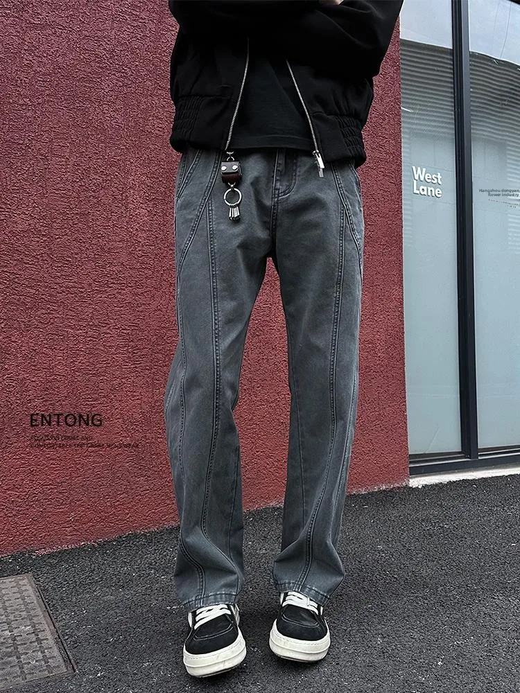 

Entong American Retro Curved Tailoring Deconstructed Jeans Men's High Street Vibe Loose Straight Casual Long Pants