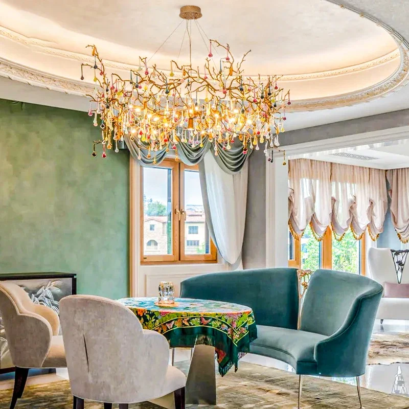 Luxury French Crystal Chandelier for Dining Room Full Copper Villa Living Room High Grade Ceiling Crystal Branch Chandeliers