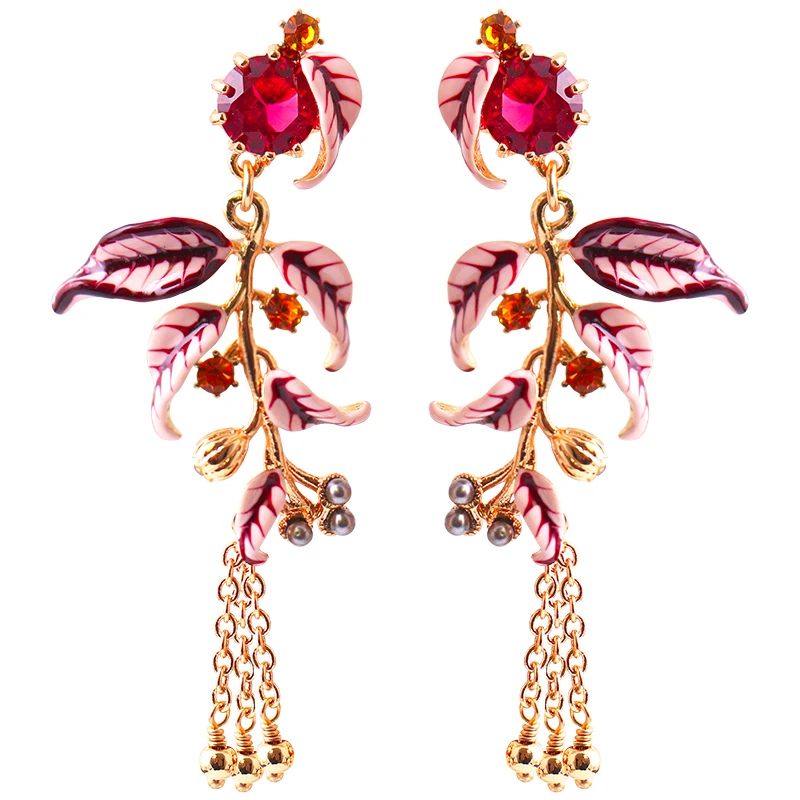 

Trend Hand-made Enamel Mori Style Fushcia Gemstone Premium Rose Red Epoxy Leaf Fringe Long Tassels Earring for Women Y2k Jewelry