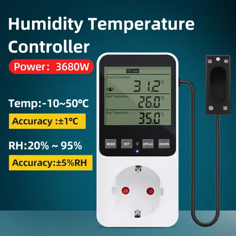 Enchufe de Control de humedad y temperatura, pantalla Digital LCD, interruptor de termostato, controlador de temperatura y humedad con Sensor de temperatura