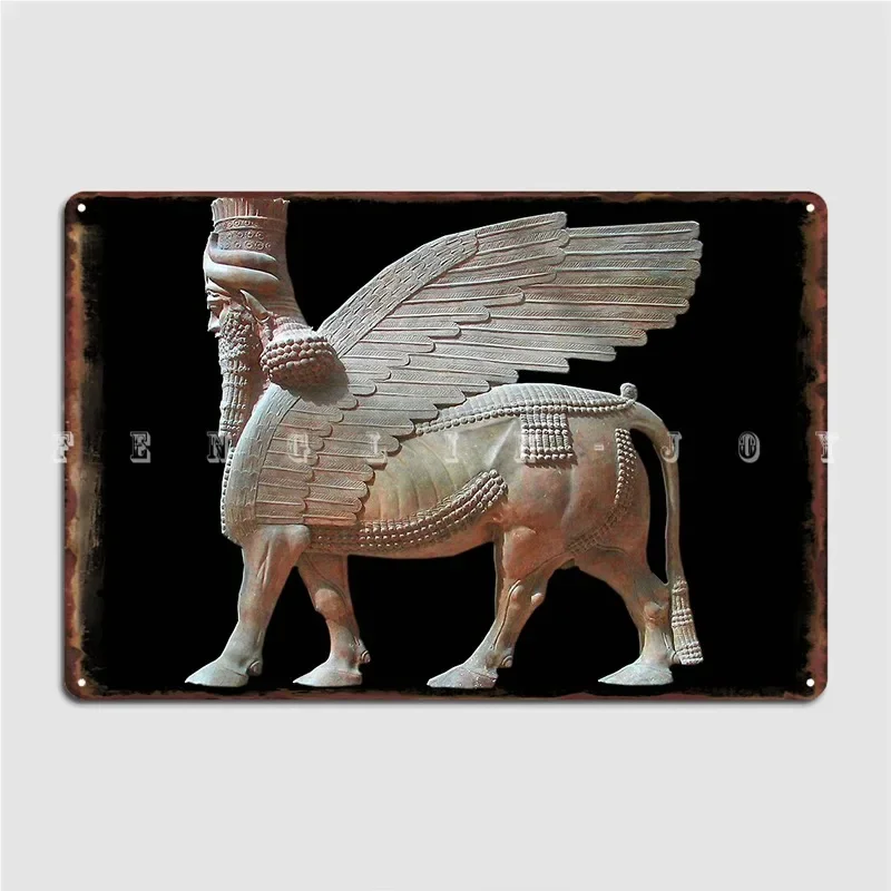 Assyria Assyrian Human Headed Winged Bull Lamassu Statue On Black Poster Metal Plaque Wall Cave Wall Decor Tin sign Posters