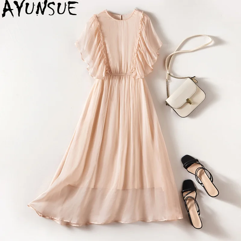 

AYUNSUE 100% Mulberry Silk Dresses Woman Clothes Elastic Waist Summer Dress Woman 2025 Solid Elegant Dress Vestidos De Mujer