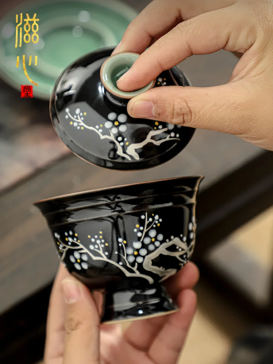 

High-End Golden Black Glaze Hand-Painted Plum Blossom Gaiwan Set Cup for Men Women