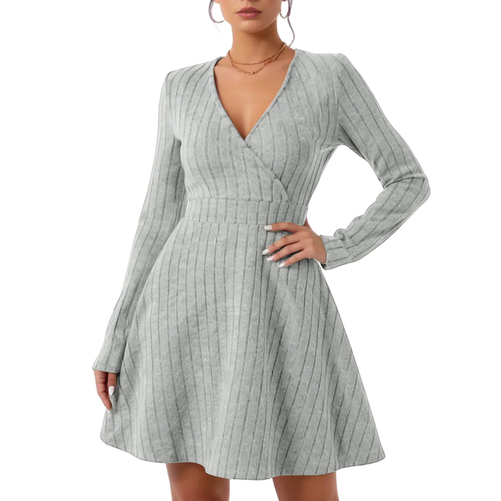 秋/冬セクシーなボディコンセーター女性のスリムフィットVネック長袖ニットドレスミディカジュアルソリッドカラードレス