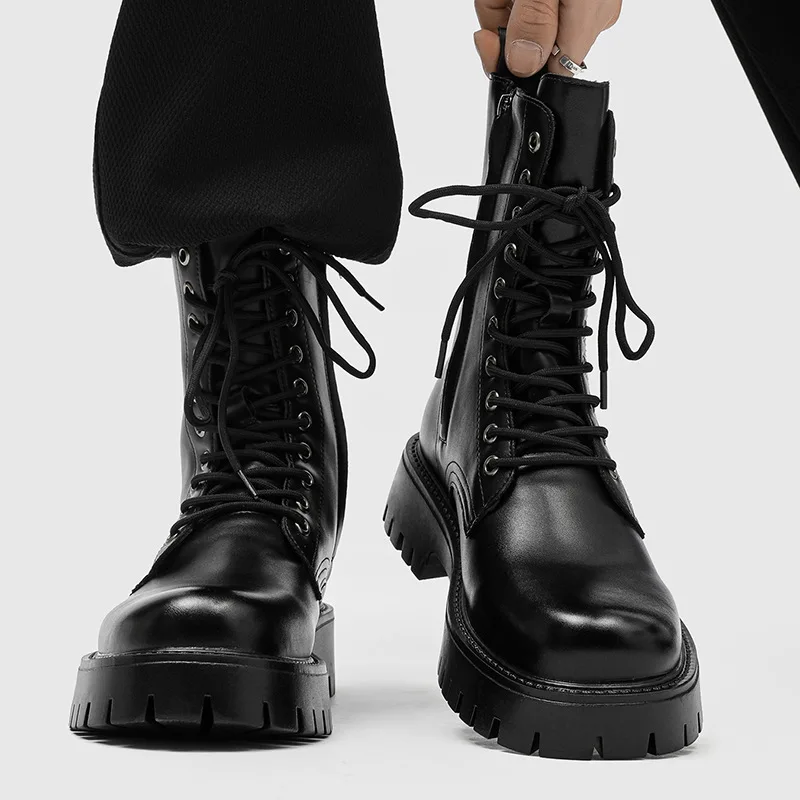 

Мужские повседневные высокие мотоциклетные ботинки большого размера, черные, из натуральной кожи, в стиле ковбойские, осенне-зимние, на высокой платформе, стильные.