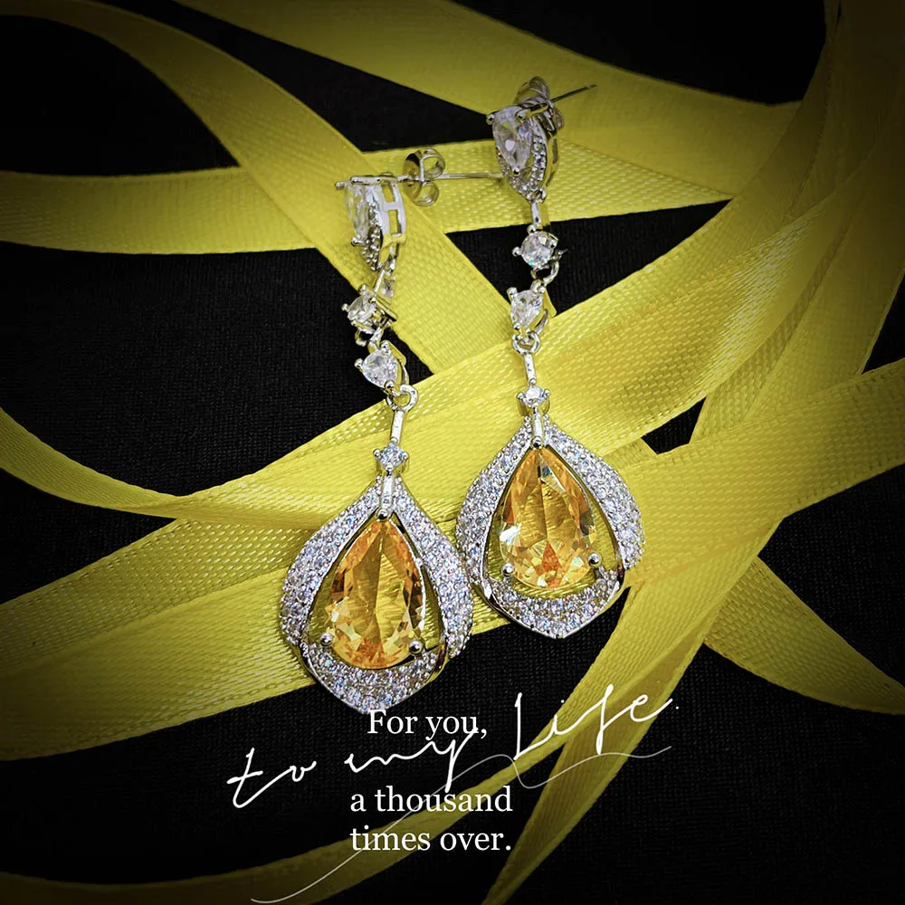 Luxury Silver Color Citrine Yellow Crystal CZ Drop Earrings For Women Fashion Simulation Gemstone Jewelry Drop Shipping