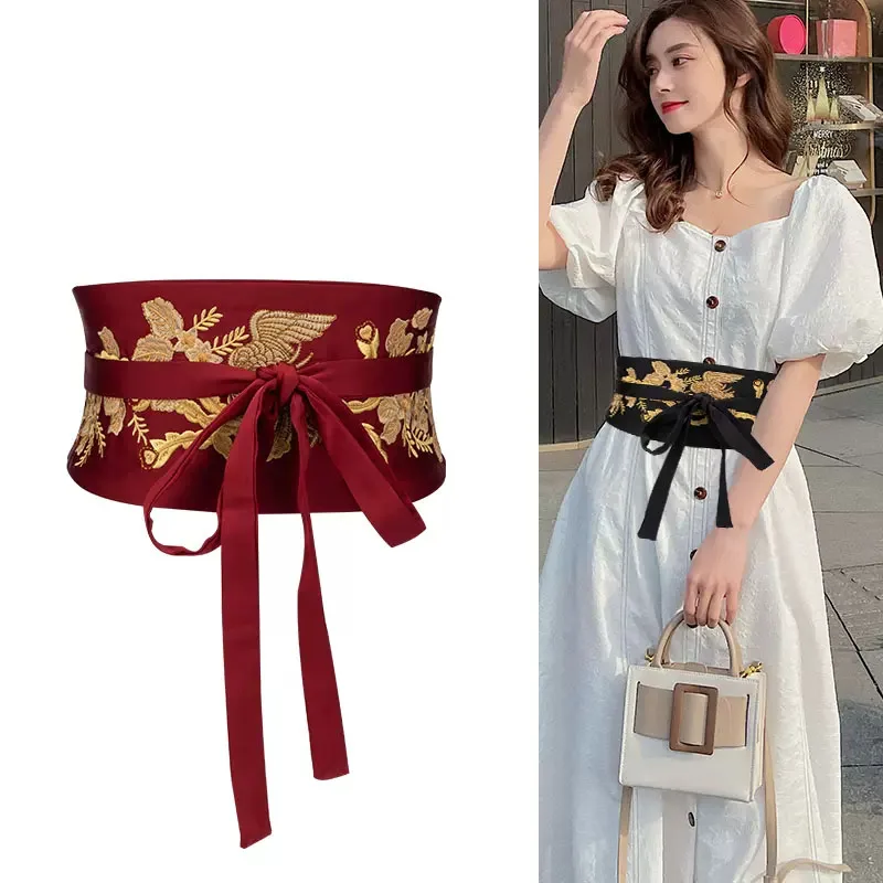 

Embroidered Wide Waist Belt for Women Self Tie Wrap Around Retro Obi Corset Cincher Waistband Dress Belts Cinturones Para Mujer