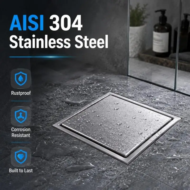 Square Shower Floor Drain, Grade 304 Steel Bathroom Fixture for Directing Shower Water into the Drain Line at the Opening 87HA