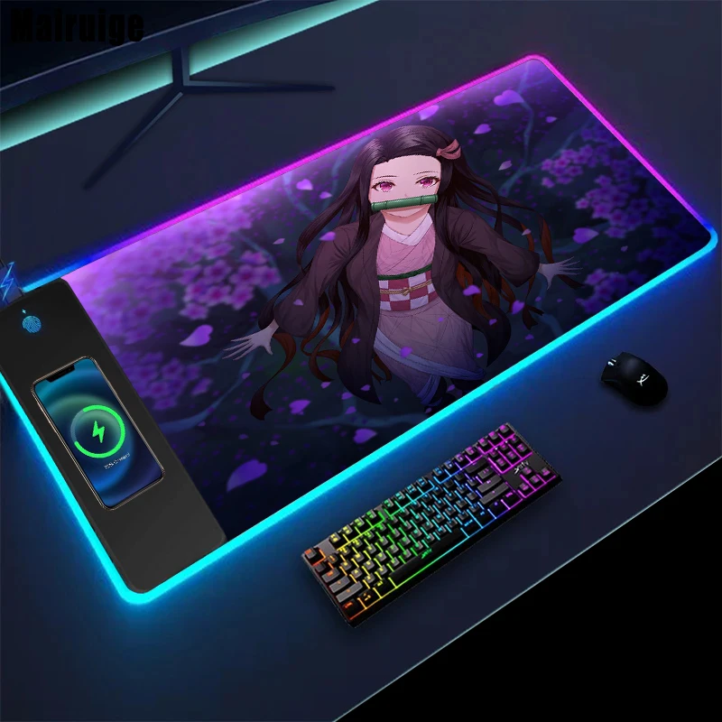 

Mairuige RGB Wireless Charging Mouse Pad Nezuko Mousepad Speed Keyboard Gaming Setup Carpet Office Laptop Desk Mat Japanese Mat