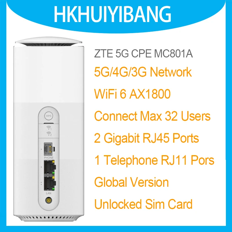 Original ZTE 5G WiFi 6 CPE Router MC801a SDX55 2.4/5GHz Dual Band AX1800 5G 4G LTE CAT22 Home Modem With Sim Card Slot Unlocked