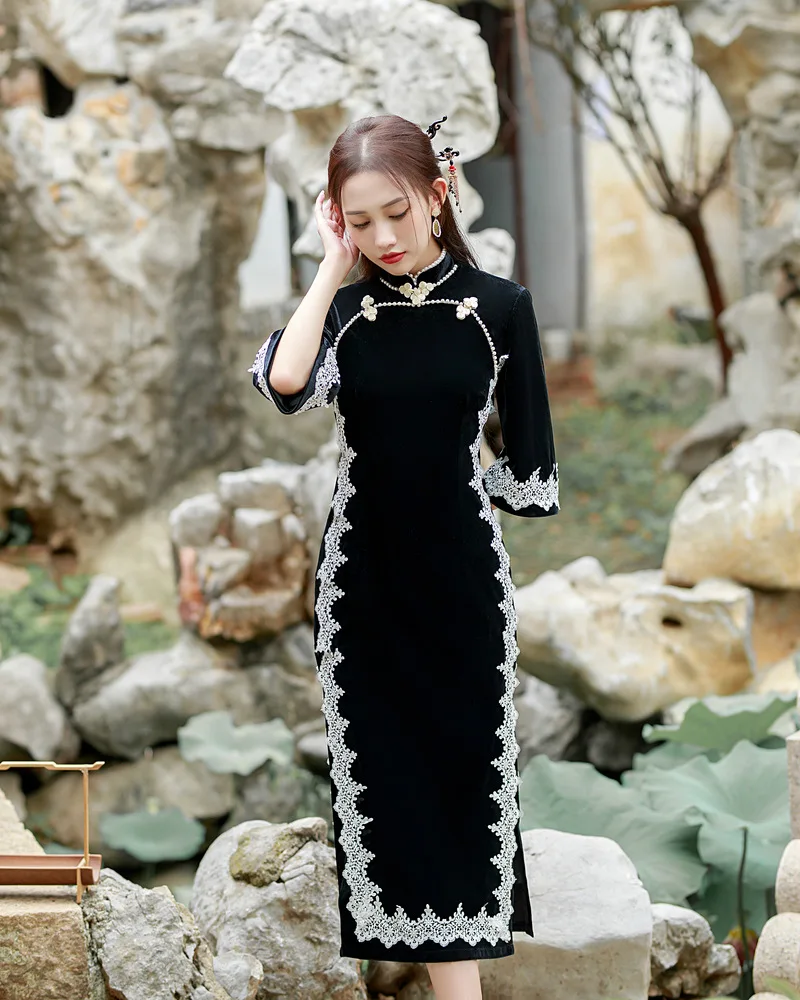 

Long Improved Velour Qipao 2023 Temperament Fashion Young Girls Dress Chinese Style Evening Cheongsam Dress Modern For Women