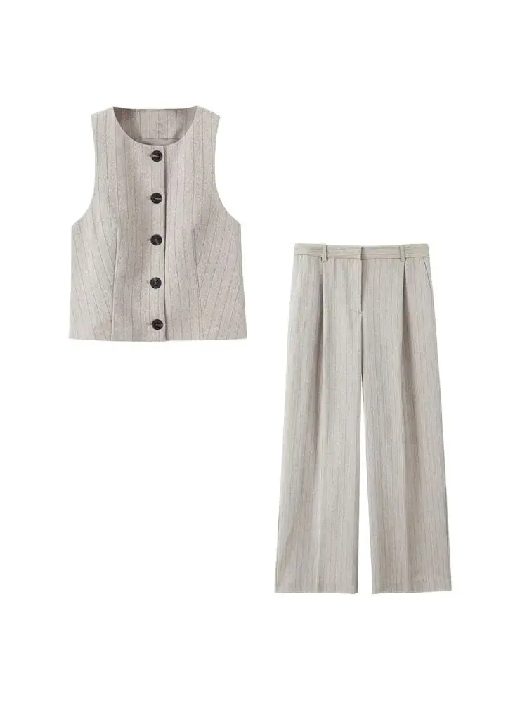

GELITAYIN Women Fashion Striped Cropped Waistcoat Top And High Waist Front Dart Wide Leg Pants Female Two Piece Sets Mujer
