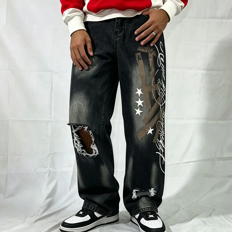 

American Autumn Washed Retro Cat Whisker Broken holes Denim Letter Printing Loose Straight Leg Pants Men's Women's Clothing