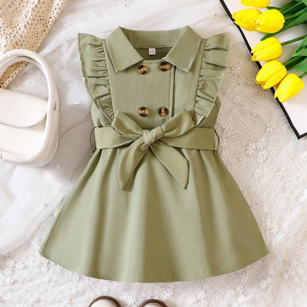 

Wholesale Kids Girls Retro Solid Color Trench Belted Dress Double Breasted Elegant Summer Baby Dress