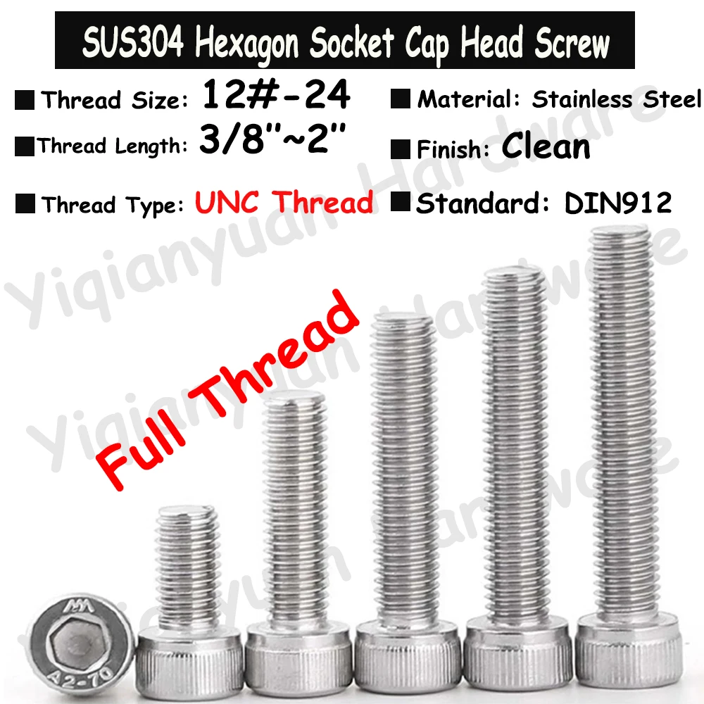 Yiqianyuan 12#-24 UNC Thread DIN912 SUS304 Stainless Steel Hexagon Socket Knurled Cap Head Bolts Allen Key Screws Full Threaded