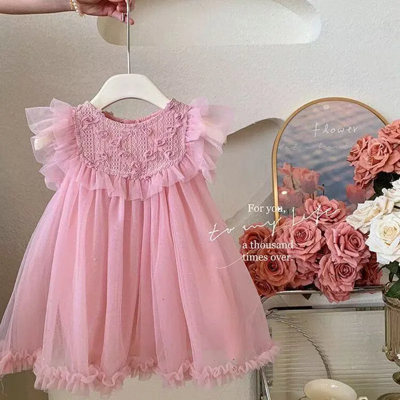Girls Flutter Sleeve Tutu Dress Korean Style Princess Party Gown for Birthday Flower Girl 2-7 Years