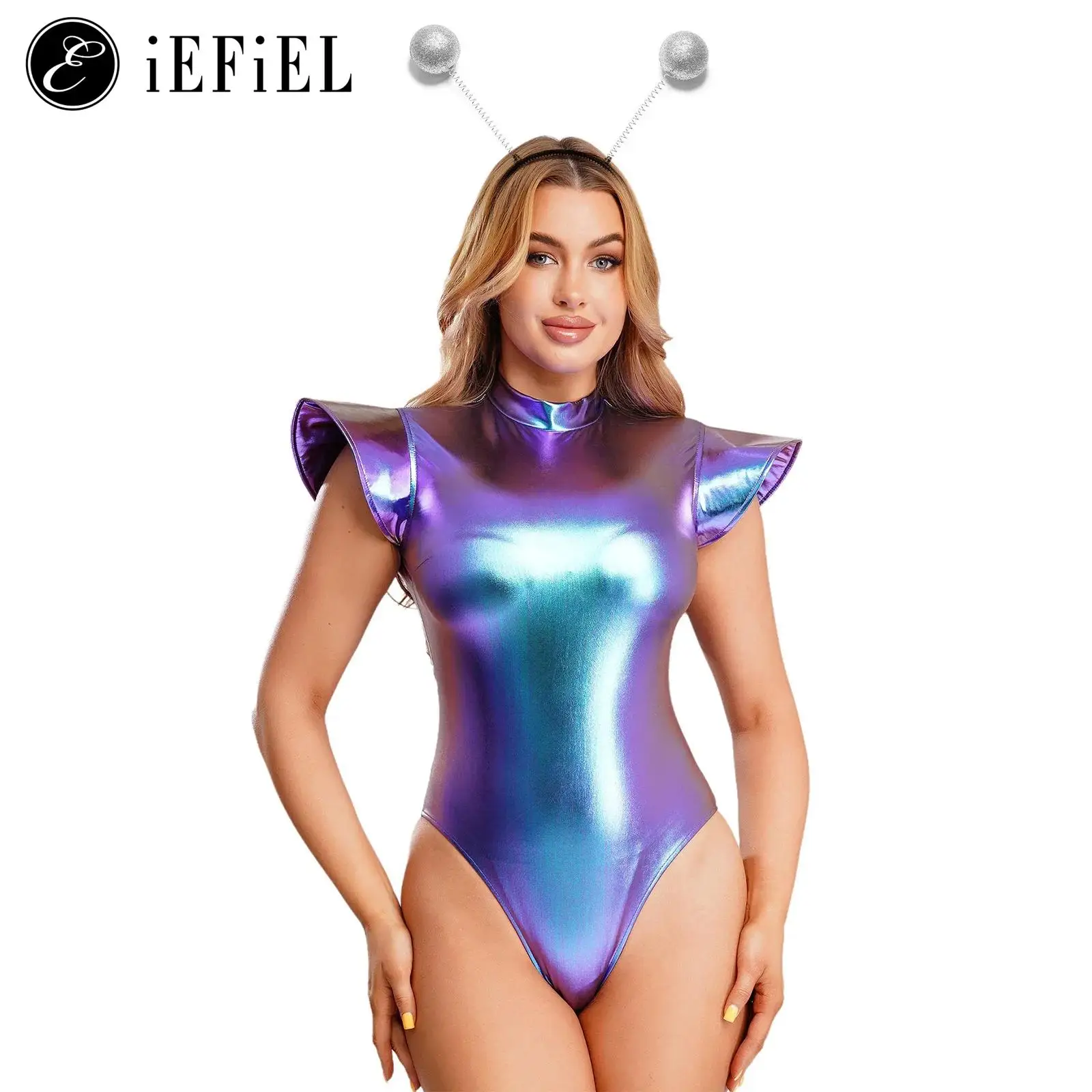 

Women Halloween Alien Robot Cosplay Jumpsuit Metallic Shiny Fly Sleeve Back Zipper Leotard Bodysuit +Headwear Space Party Outfit