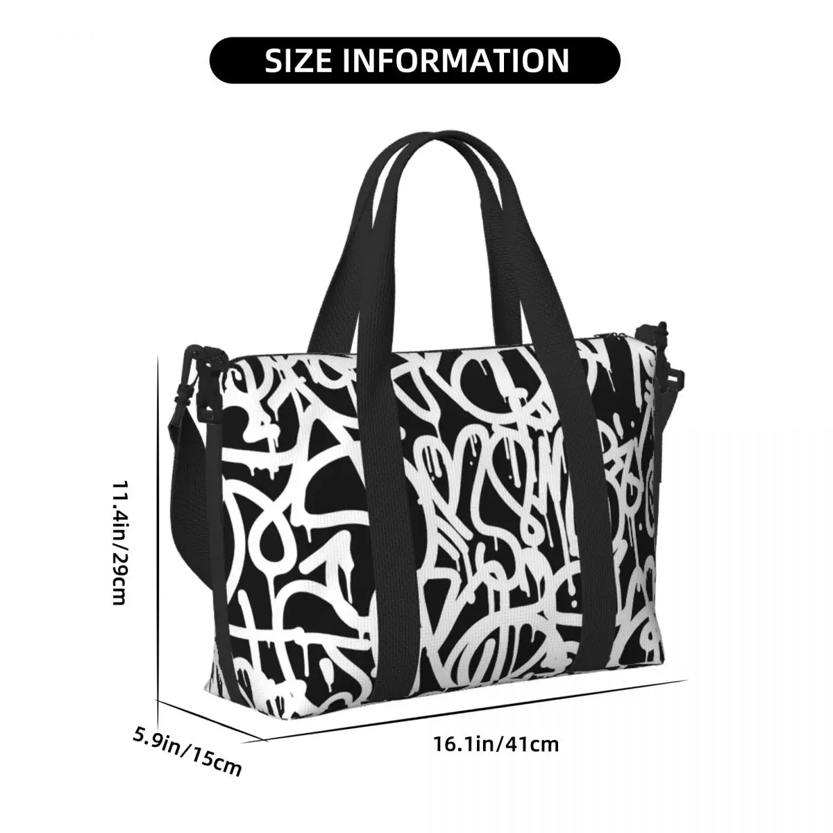 Custom Black And White Graffiti Beach Travel Bag Large Capacity Tote Bags for Gym Sport Women Shopping Duffle Shoulder Bag
