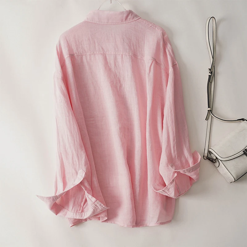 Camicetta da donna ampia in tinta unita alla moda Camicie e camicette a maniche lunghe con risvolto elegante Top con lacci tascabile vintage femminile 2025