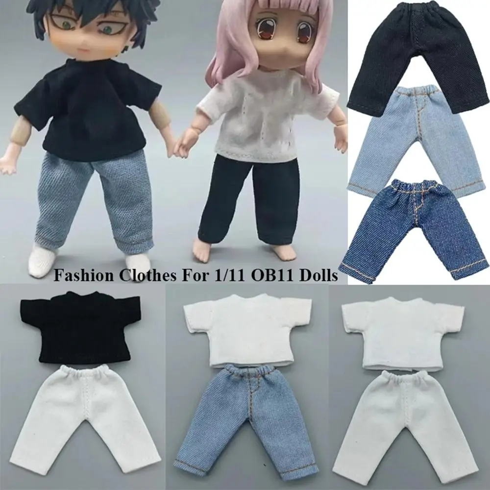 Fashion T-shirt Trousers For 1/11 OB11 Dolls For 1/12 Bjd/GSC Doll Clothes Denim Pants DIY Obitsu 11 Doll Clothes Accessories To